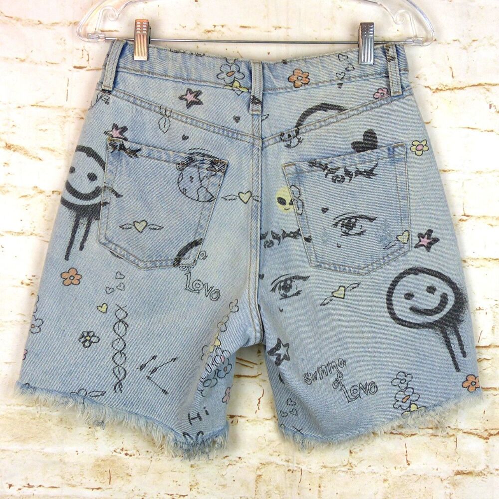 Wild Fable Denim Shorts Women 0 Doodle Print Bermuda Distressed High Rise Grunge - Picture 2 of 14